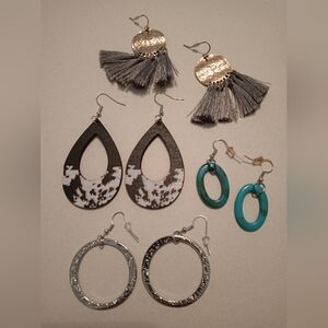 #702.  4 Piece Assorted Fringe, Cow Print, Silver Toned And Blue Earrings Bundle